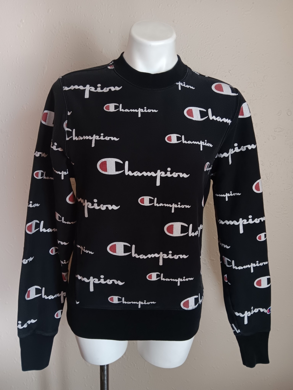 Champion Black All-Over Logo Crewneck with Red & White Logos